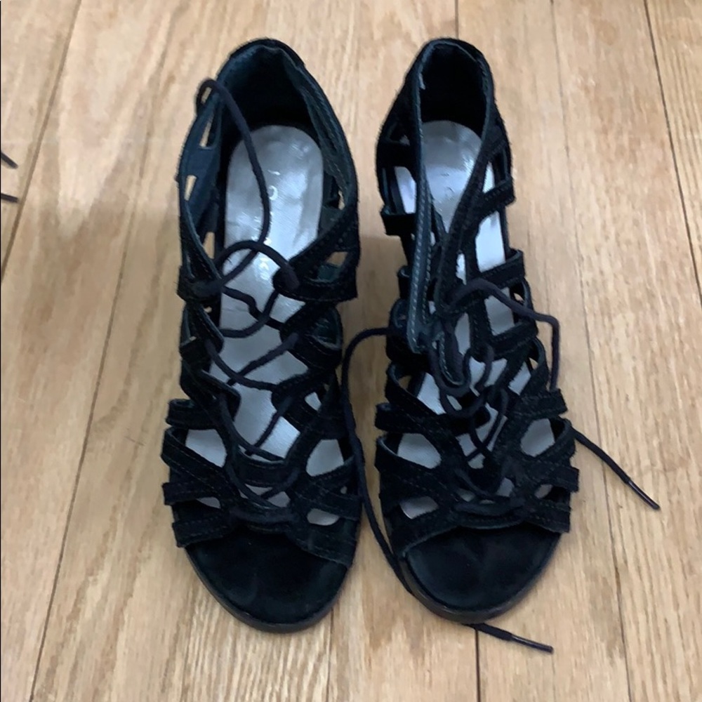 Black suede strappy wedges